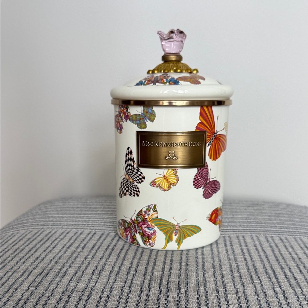 MacKenzie-Childs White Butterfly Garden Medium Canister-rare and retired.